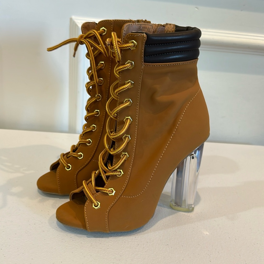 Brown lace up open toe booties with clear heel